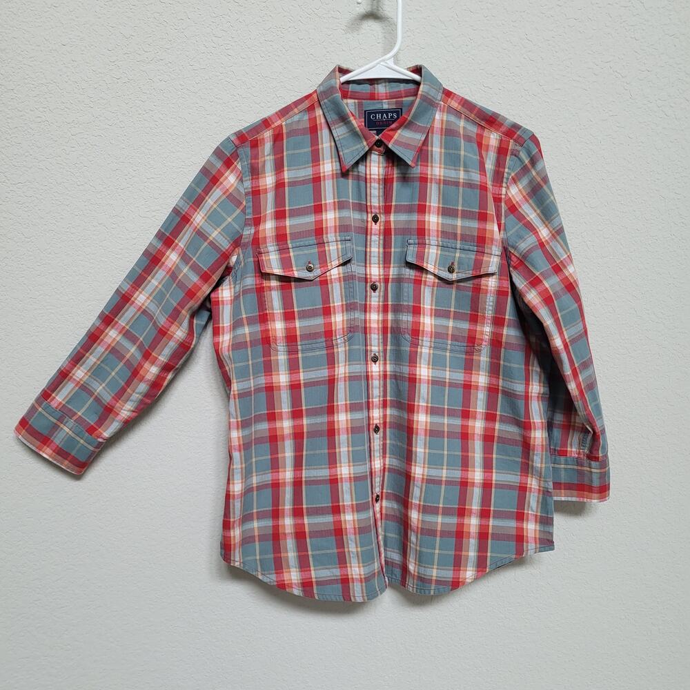 Chaps Plaid Button Up Shirt Womens L Red Blue Cotton Casual Western Fall Winter